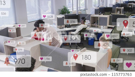 Image of multiple notification bars over diverse coworkers discussing on desk in office 115773763