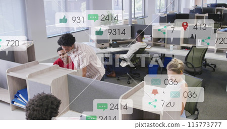 Image of multiple notification bars over diverse coworkers discussing on desk in office 115773777