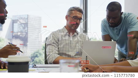 Image of notification bars over diverse manager explaining reports on laptop to coworkers 115773780
