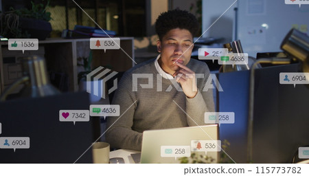 Image of multiple notification bars over biracial man analyzing and preparing reports on laptop 115773782