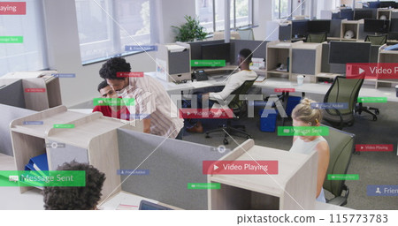 Image of multiple notification bars over diverse coworkers discussing on desk in office 115773783