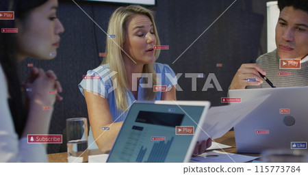 Image of notification bars over diverse coworkers discussing reports on laptop in office Image of notification bars over diverse coworkers discussing reports on laptop in office 115773784