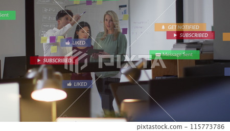 Image of notification bars over diverse coworkers discussing strategy on sticky notes Image of notification bars over diverse coworkers discussing strategy on sticky notes 115773786