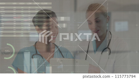 Image of data processing over caucasian female doctors talking Image of data processing over caucasian female doctors talking 115773794