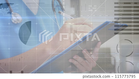 Image of data processing over caucasian male doctor with file Image of data processing over caucasian male doctor with file 115773795