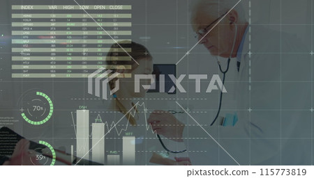 Image of data processing over caucasian male doctor with patient 115773819