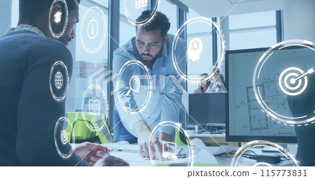 Image of icon in circles over diverse architects discussing about floor plan on blueprint Image of icon in circles over diverse architects discussing about floor plan on blueprint 115773831