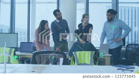 Image of icon in circles over diverse architects sharing thoughts about floor plan on blueprint 115773845