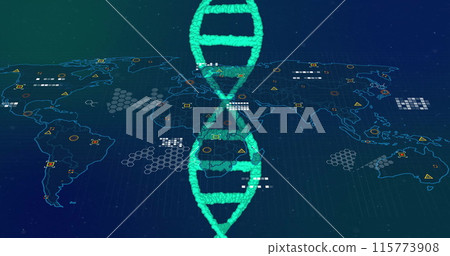 Image of dna strand over data processing and world map Image of dna strand over data processing and world map 115773908
