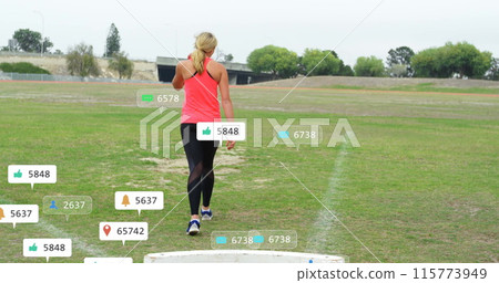 Image of social media notifications over caucasian woman at sports field Image of social media notifications over caucasian woman at sports field 115773949