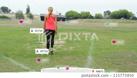 Image of social media notifications over caucasian woman at sports field Image of social media notifications over caucasian woman at sports field 115773950