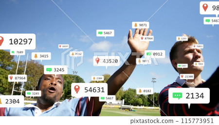 Image of social media notifications over diverse male rugby players in match Image of social media notifications over diverse male rugby players in match 115773951