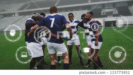 Image of media icons over diverse male rugby team in huddle at stadium 115773952