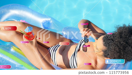 Image of social media notifications over biracial woman sunbathing in pool 115773956