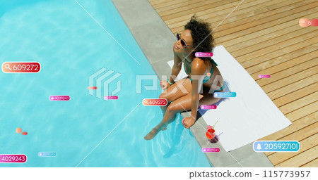 Image of social media notifications over biracial woman sitting by sunny pool 115773957