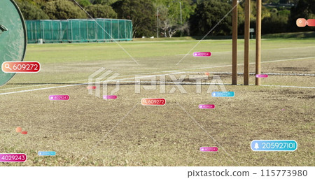 Image of social media notifications over roller and stumps on cricket pitch 115773980
