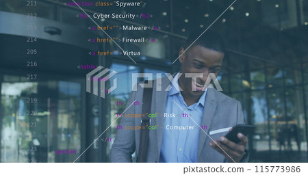 Image of data processing over african american businessman talking on smartphone Image of data processing over african american businessman talking on smartphone 115773986