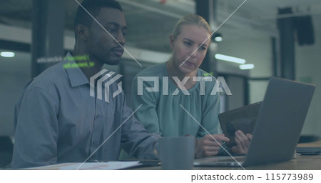 Image of data processing over diverse colleagues using laptop and tablet in office 115773989