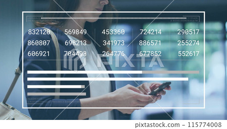 Image of data processing over caucasian businesswoman using smartphone 115774008