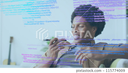 Image of data processing over african american businessman talking on smartphone 115774009