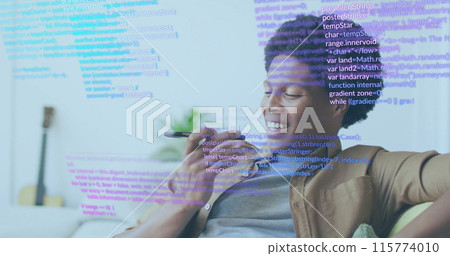 Image of data processing over african american businessman talking on smartphone Image of data processing over african american businessman talking on smartphone 115774010