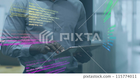 Image of data processing over african american businessman using tablet Image of data processing over african american businessman using tablet 115774011