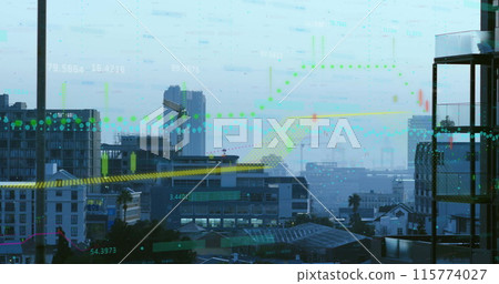 Image of financial data processing over buildings 115774027