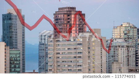 Image of red line and financial data processing over buildings Image of red line and financial data processing over buildings 115774055