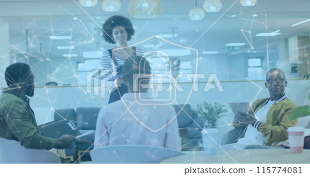 Image of padlock and data processing over diverse business people in office Image of padlock and data processing over diverse business people in office 115774081