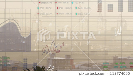 Image of financial data processing over cityscape Image of financial data processing over cityscape 115774090