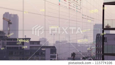 Image of financial data processing over cityscape 115774106