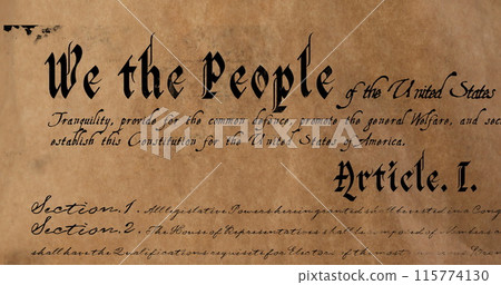 Digital image of a written constitution of the United States zooming in and out of the screen agains 115774130