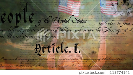 Digital composite of a Caucasian child holding out two American flags outdoors while a written const Digital composite of a Caucasian child holding out two American flags outdoors while a written const 115774141
