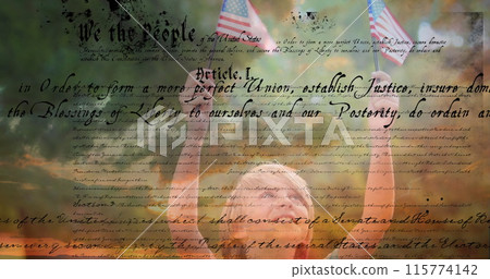 Digital composite of a Caucasian child holding out two American flags outdoors while a written const Digital composite of a Caucasian child holding out two American flags outdoors while a written const 115774142