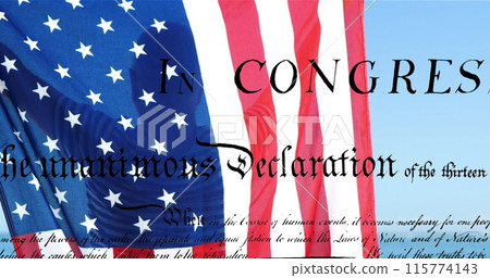 Digital image of a written constitution of the United States moving in the screen while background s 115774143