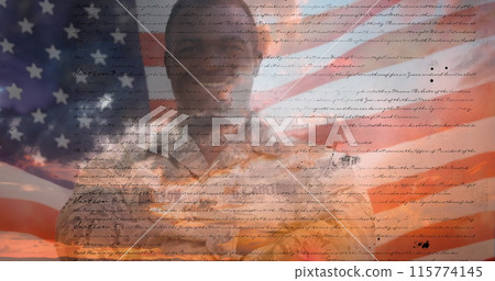 Digital image of a written constitution of the United States moving in the screen with a background Digital image of a written constitution of the United States moving in the screen with a background 115774145