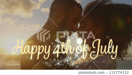 Digital composite of African-American man kissing the forehead of African-American woman by the beac Digital composite of African-American man kissing the forehead of African-American woman by the beac 115774152