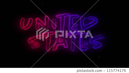 Digital image of blue and red gradient United States text while pink fireworks explodes against a bl Digital image of blue and red gradient United States text while pink fireworks explodes against a bl 115774170