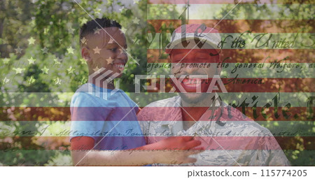Image of male soldier embracing smiling son over american flag Image of male soldier embracing smiling son over american flag 115774205