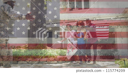 Image of male soldier embracing smiling family over american flag 115774209