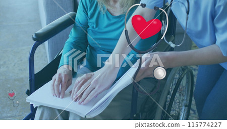 Image of sthetoscope with heart over caucasian nurse and patient reading braille 115774227
