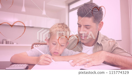 Image of hearts falling over caucasian man and his son doing homework 115774329