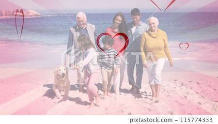 Image of hearts falling over caucasian family at beach 115774333