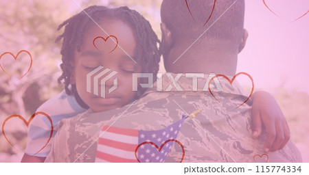 Image of hearts falling over african american male soldier and his son Image of hearts falling over african american male soldier and his son 115774334