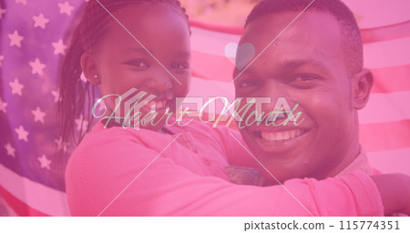 Image of heart month text hearts over african american man and his daughter on flag of usa 115774351