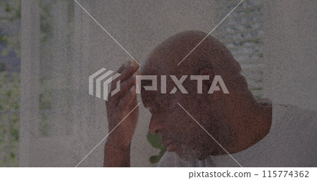 Image of moving background over african american man touching forehead 115774362