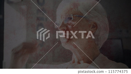 Image of moving background over sad senior caucasian woman 115774375