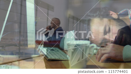 Image of man sleeping on the desk over diverse business people Image of man sleeping on the desk over diverse business people 115774401