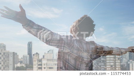 Image of cityscape over african american woman with arms outstretched 115774453