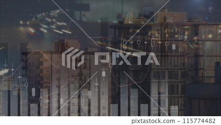 Image of financial data processing over cityscape Image of financial data processing over cityscape 115774482
